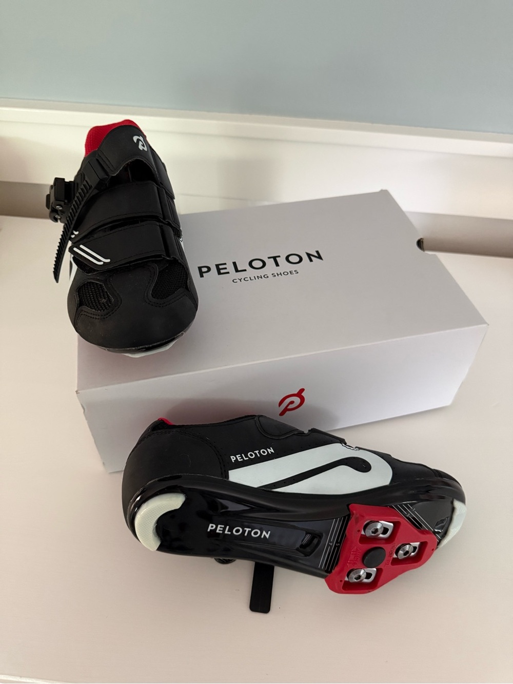 Peloton Kids Black, White and Red Cycling Shoes